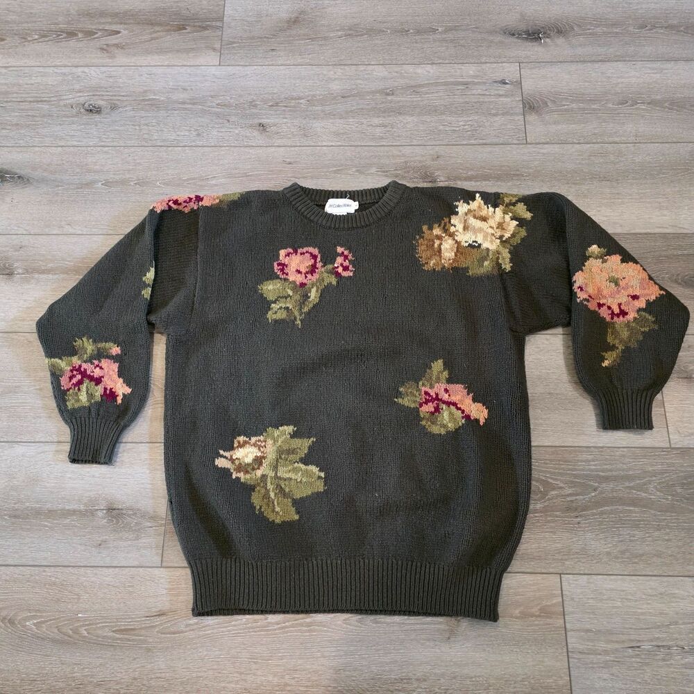 Vintage JH Collectibles Lambswool Green Floral Pullover Sweater Womens Size L - Picture 1 of 5